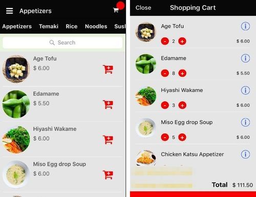 E-commerce module functionalities in a restaurant app: adding products to a shopping cart