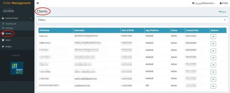 Order Management Toolset on AppzBizz platform: examining various categories of information pertaining to your app’s list of customers