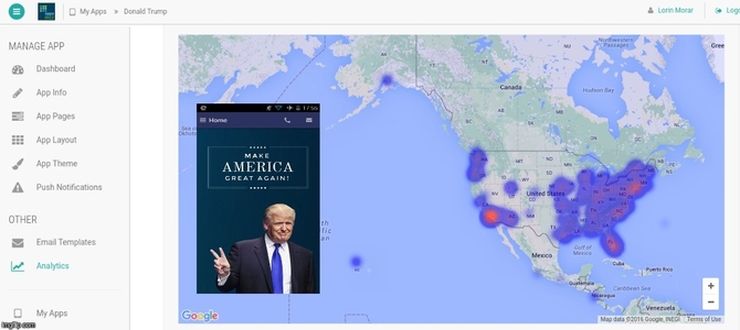 Alphatech platform launches a new app analytics feature: heatmaps; screencapture from Alphatech analytics page for Donald J. Trump app