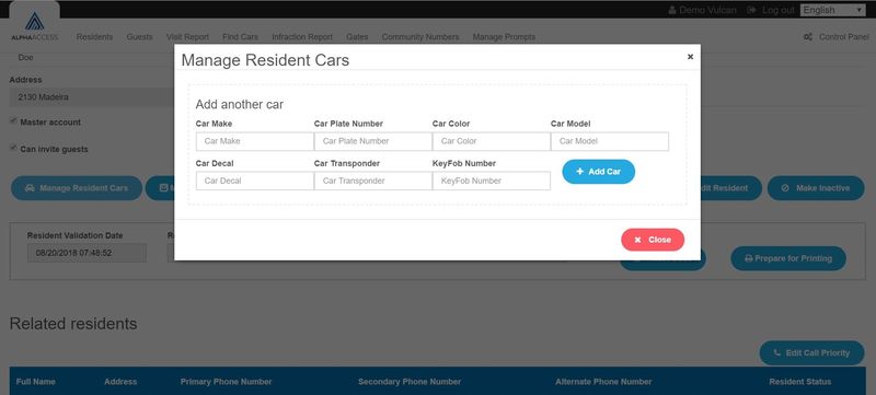 Manage Resident Cars: the place where a registered resident can review, add or edit information about his/her cars