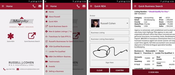 Business Broker South Florida is the first app to feature our E-signature capability; above, screenshots from the app