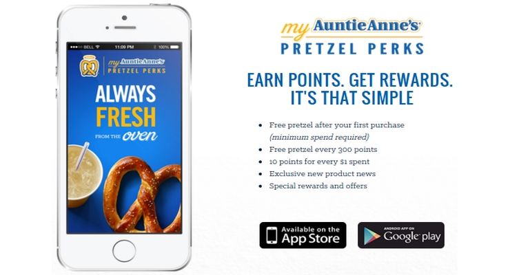 AuntieAnne’s app bets heavily on loyalty. Screen capture from http://www.auntieannes.com/my-pretzel-perks-app