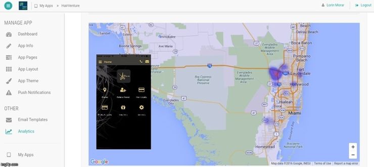 Screen capture from Alphatech analytics page for the Hairventure app showing app install density in the larger Miami area