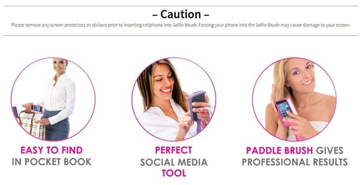 SelfieBrush advantages and the important Caution note, screenshot from selfiebrush.com