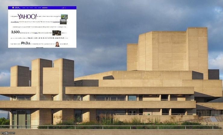 Brutalism in architecture - Southbank Centre, London; brutalism in web design -  Bloomberg Businessweek feature on Yahoo