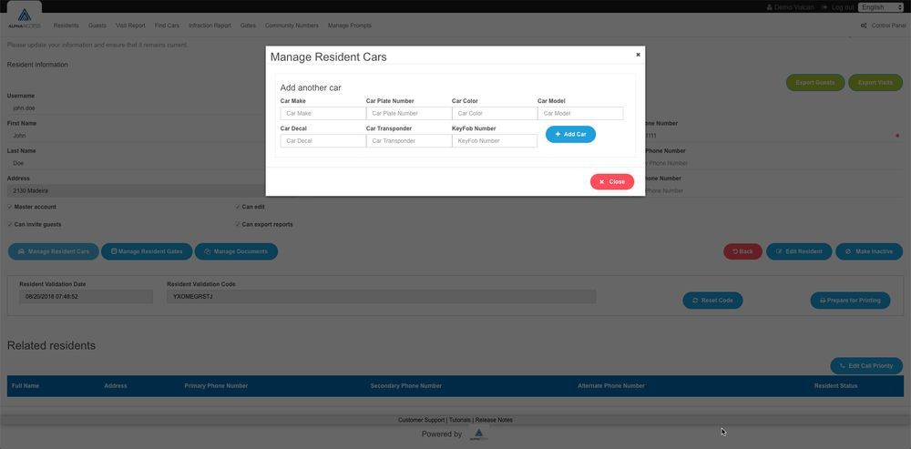Setting up AlphaAccess - Manage Residents cars