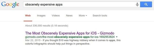 Caption showing search results in Google for 'obscenely expensive apps'
