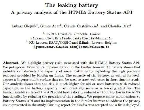 Title and abstract from 'The leaking battery A privacy analysis of the HTML5 Battery Status API' by Olejnik et al, 2015